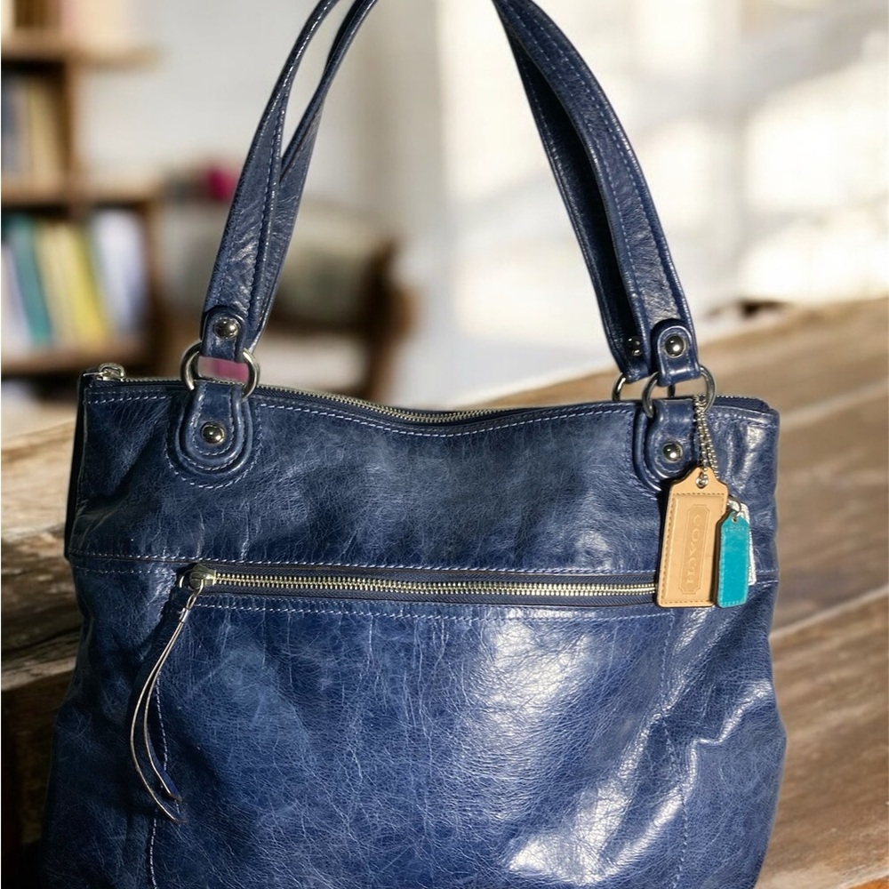 Coach Poppy Glam Glazed Navy Blue Leather Tote Bag